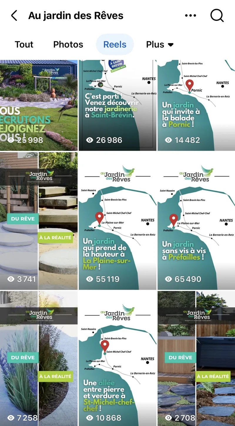 Reels du compte Facebook Au Jardin des Rêves — vues 65K, 55K, 26K…